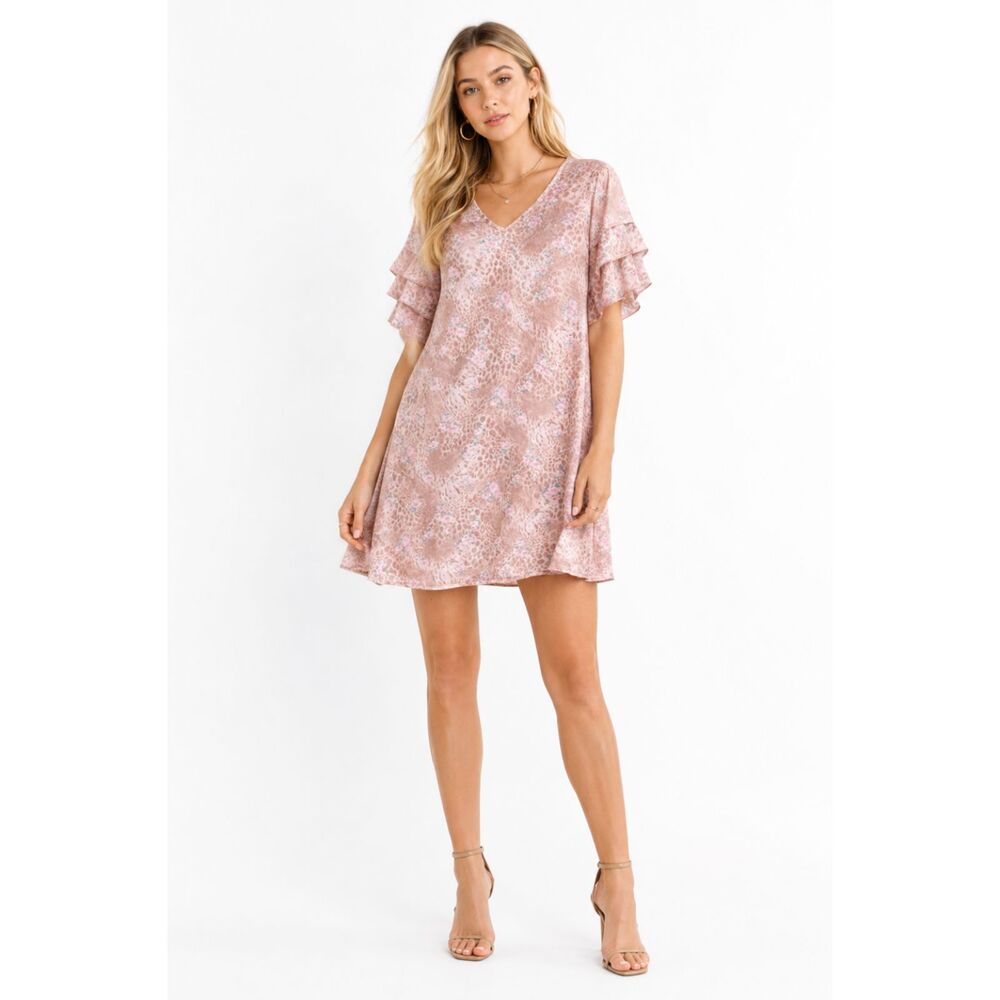 Entro Leopard Floral Ruffle Sleeve Dress Boho Cottagecore Coquette Girl Pink M